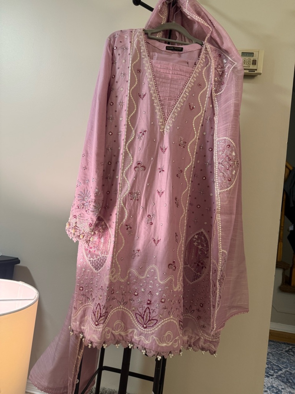 Pink Embroidered Women's V-Neck Dress with Shawl